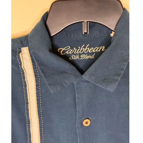 Caribbean silk blend blue short sleeve collared button up dress shirt size Large - Picture 3 of 10
